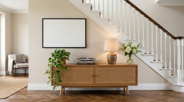 Modern entryway with wooden console table under staircase, lamp, books, plant and flowers
