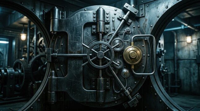 Intricate Vintage Bank Vault Door Mechanism Detailed Close-Up.