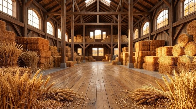 Rustic wooden barn interior with haystacks and golden sunlight