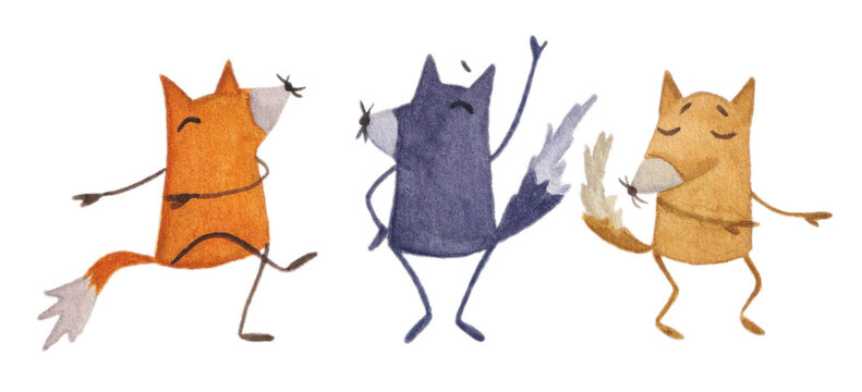 Cute dancing foxes. Watercolour illustration