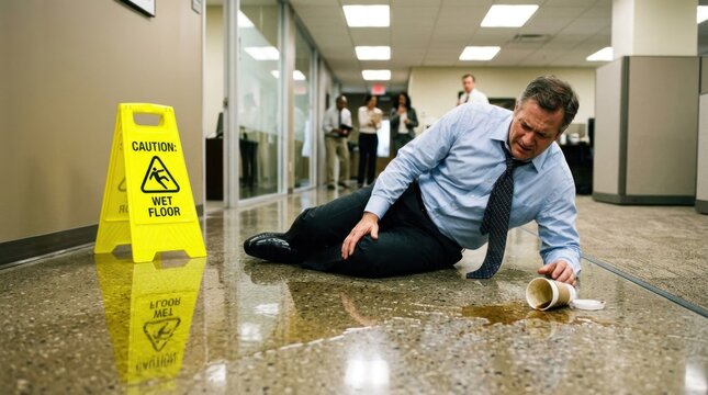Man Slips and Falls on Wet Floor in Office Hallway.