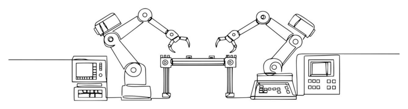 industrial robot arms assembly line vector engraving monoline