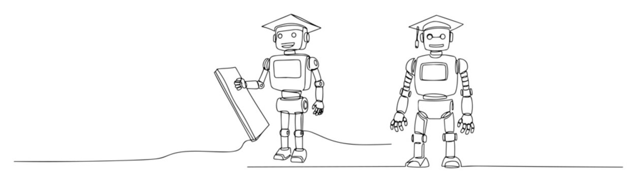 robots with graduation cap education vector engraving monoline