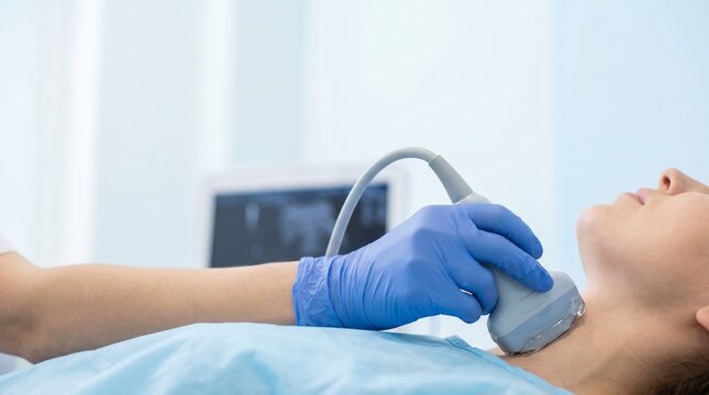 Clinician performing thyroid ultrasound on patient&rsquo;s neck with gel and probe in clinic, concept of endocrinology diagnostics, neck imaging and preventive healthcare.