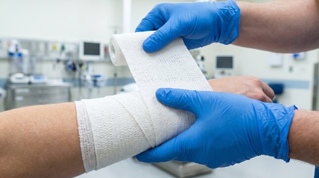 Clinician applying sterile gauze bandage to patient&rsquo;s forearm in clinic, concept of wound dressing, injury care, first aid and postoperative recovery.