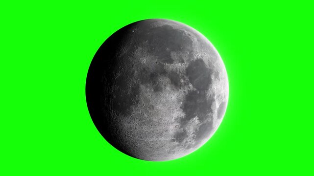 A large gray moon with craters on a green background with a bright light