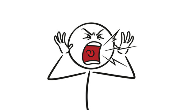 Stick Figure Screaming in Anger with Open Mouth on Isolated White Background