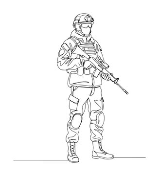 vector monoline engraving of modern armed soldier in gear