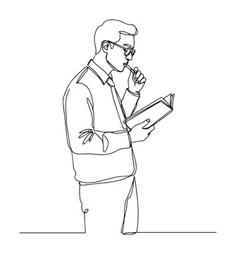 monoline engraving vector of man reading and thinking