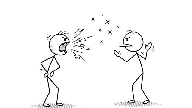Angry Stick Figure Man Yelling and Shouting at Upset Stick Figure Man, Showing Conflict and Disagreement, Isolated White Background.