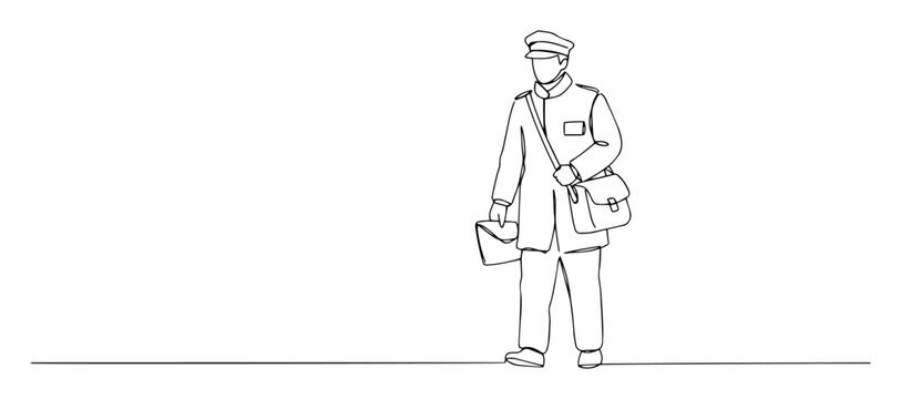 monoline engraving vector of mailman standing with letters