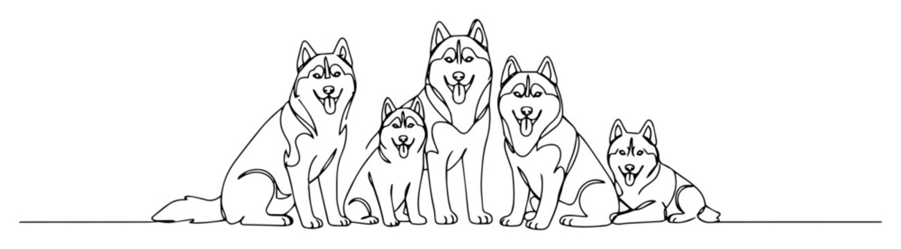 monoline engraving vector of five husky dogs sitting together