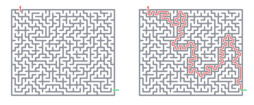 Rectangular maze for kids, medium difficulty printable logic game, find the way from start to exit, black and white, activity worksheet page with solution