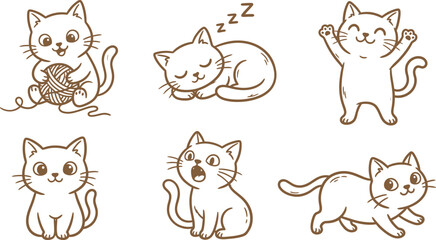 A collection of six adorable hand-drawn kitten illustrations in a simple brown line art style, showcasing various cute poses, expressions, and playful cat-like feline behaviors. © RAC.Design-Magic