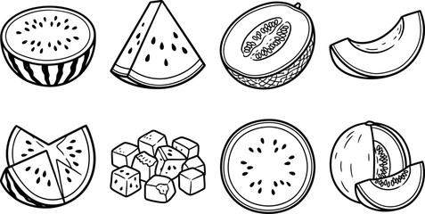 Fototapeta premium A collection of hand drawn black and white vector illustrations showcasing various sliced pieces of watermelon and cantaloupe melon arranged neatly isolated on transparent background