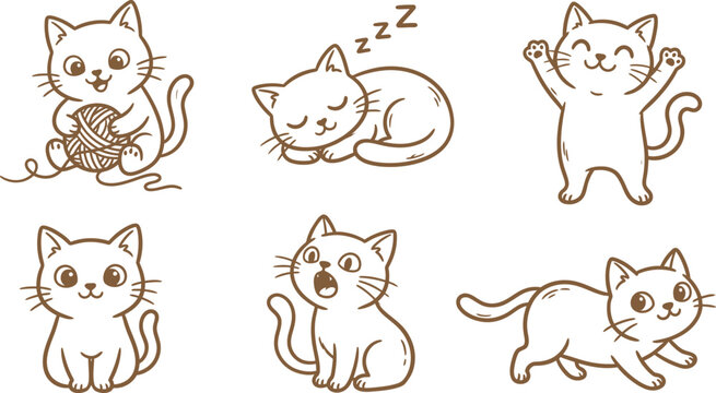 A collection of six adorable hand-drawn kitten illustrations in a simple brown line art style, showcasing various cute poses, expressions, and playful cat-like feline behaviors.