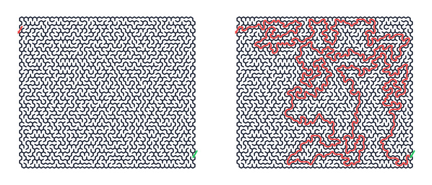 Hexagon maze for adults, hard printable logic game, find the way from start to exit, black and white, line art, activity worksheet page with solution