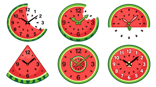 Clock faces on watermelon slices.
