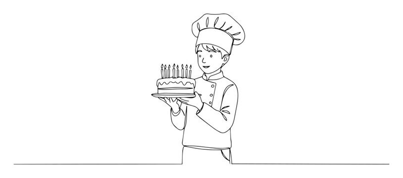 boy chef with birthday cake line art vector
