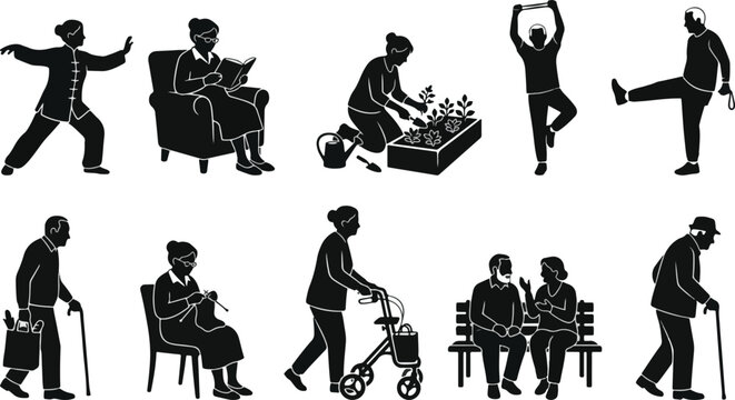 Elderly people daily routine and senior citizen active lifestyle silhouette vector set