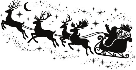 Silhouette of santa claus sleigh and reindeer against a starry night sky © Rekha