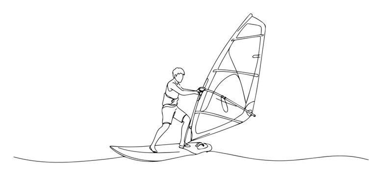 one line engraving vector windsurfer on waves