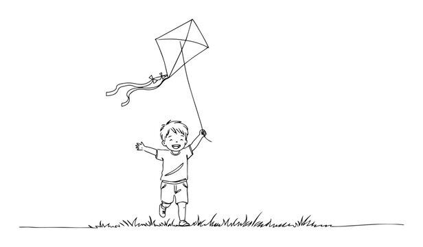 thin line black laser cutting vector boy flying kite
