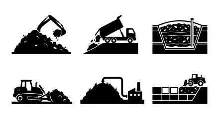 Construction and Waste Management Icons: Excavator, Dump Truck, Landfill, Bulldozer, Processing Plant, Compactor © Tanvir