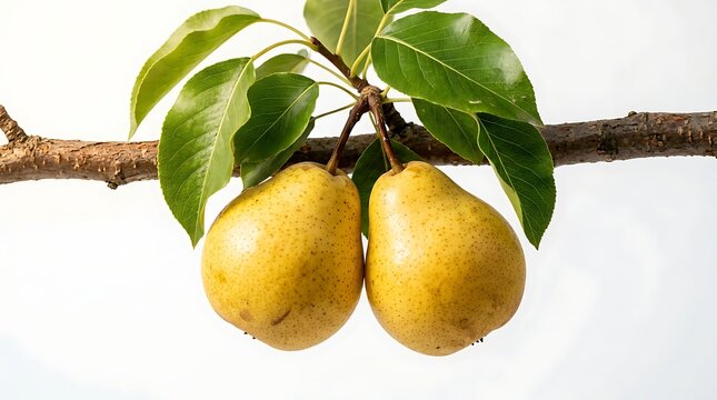 Two ripe yellow pears hanging from a tree branch with green leaves