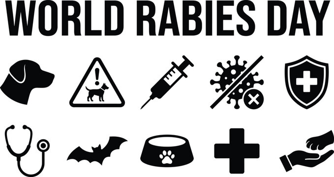 World rabies day concept with medical icons featuring a dog, syringe, vaccine, bat, and stethoscope