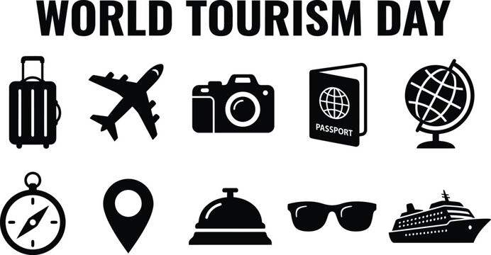 World tourism day icon set with travel symbols like suitcase airplane camera passport globe compass map pin hotel bell sunglasses and cruise ship
