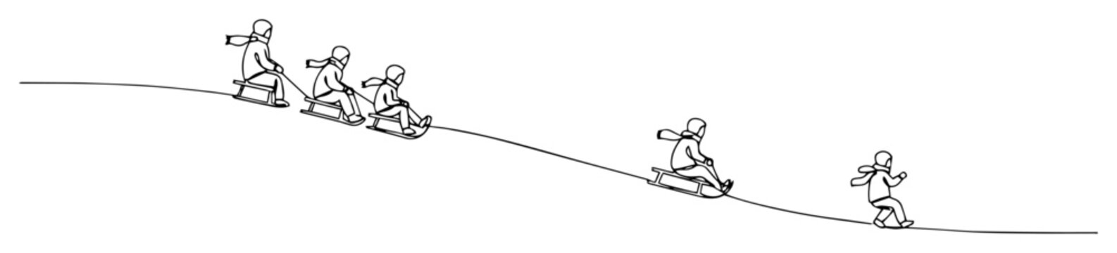 vector one line drawing of children sledding downhill