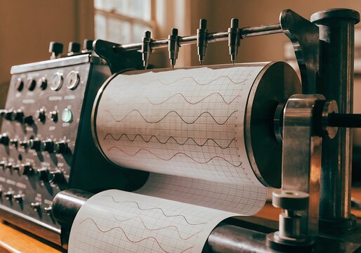 Vintage Polygraph Machine with Graph Paper Roll Printing Lie Detector Results. JPEG