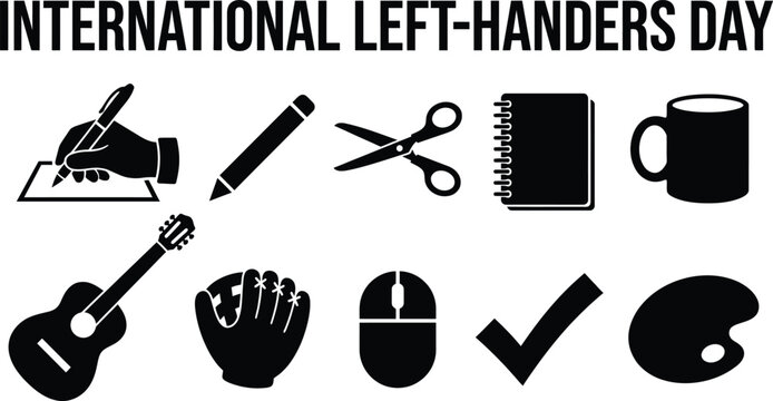 International left handers day concept with set of black icons representing common daily items used by left handed people including pen scissors notebook guitar and mouse