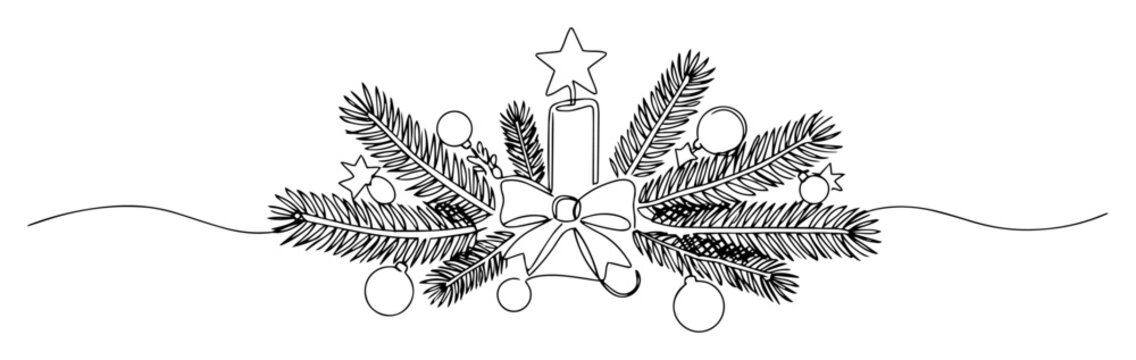 monoline vector drawing of festive christmas candle with decorations