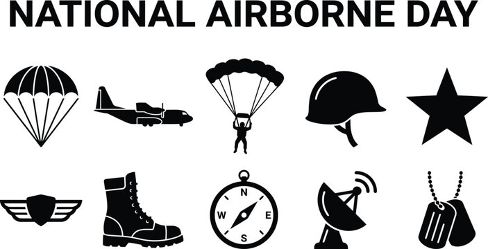 National airborne day military icons set with parachute plane helmet star boots and soldier equipment