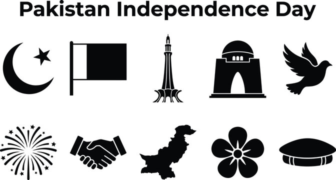 Pakistan independence day celebration vector icons set with national symbols including flag map minar and crescent moon