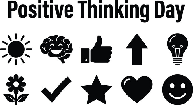 Positive thinking day icon set featuring brain sun thumbs up light bulb heart and smile symbols for wellness and mental health motivation concepts