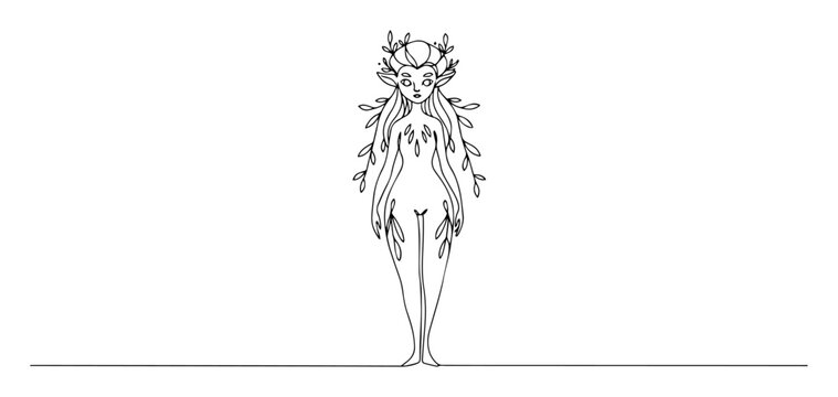 vector engraving monoline drawing of mystical forest fairy woman