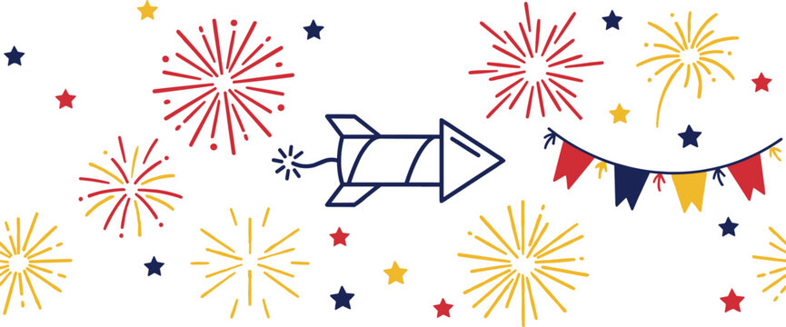 Colorful vector illustration of firework rocket with bursts stars and pennant flags representing celebration and festive concept