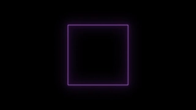 Futuristic mauve neon square border with pulsing light distortion, abstract purple geometric rectangle frame animation isolated on black 4K