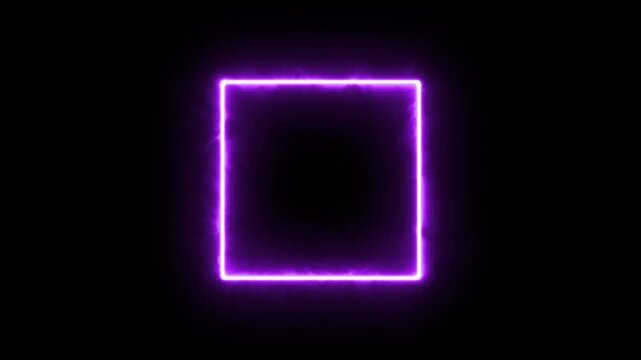 Modern purple neon geometric rectangle frame with dynamic light energy, dark violet shining line animation isolated on black background 4K