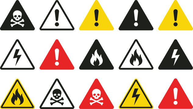 Hazard warning triangles with skull, exclamation, lightning, and flame danger safety symbol vector artwork