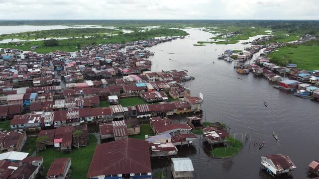 Aerial view of the floating village of belen in iquitos, peru