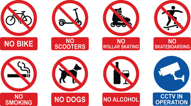 Public prohibition icons with no smoking no dogs no alcohol no bike CCTV surveillance vector illustration artwork