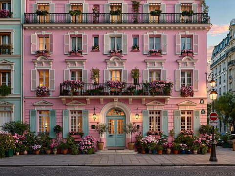 Elegant vintage Parisian stone apartment building with ornate carved facades stands amid lush green street trees, flower-adorned iron balconies overlooking sunny cobblestone road with parked cars and 