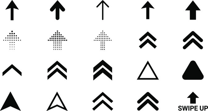 Vector illustration of diverse upward arrow icons including solid dotted chevron and triangular styles representing direction and navigation concept
