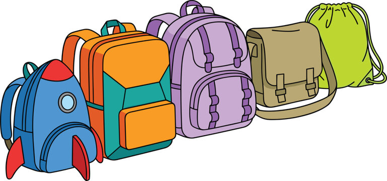 Diverse school backpacks vector illustration set featuring rocket knapsack purple rucksack and lime drawstring bag