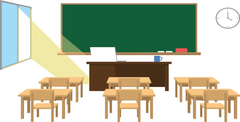 Empty school classroom interior vector illustration featuring student desks blackboard teacher table and window light © MDRIFAT