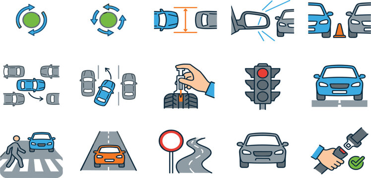 Driving rules road regulations traffic safety and vehicle parking linear icons set vector illustration